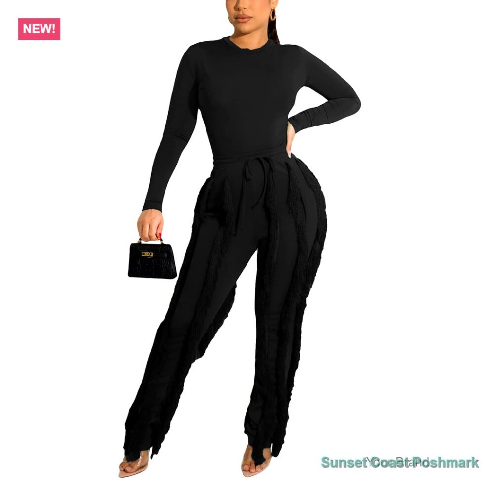Polyester Two-Piece Set Fringe Tassel Pants Long Sleeve Sweatshirt